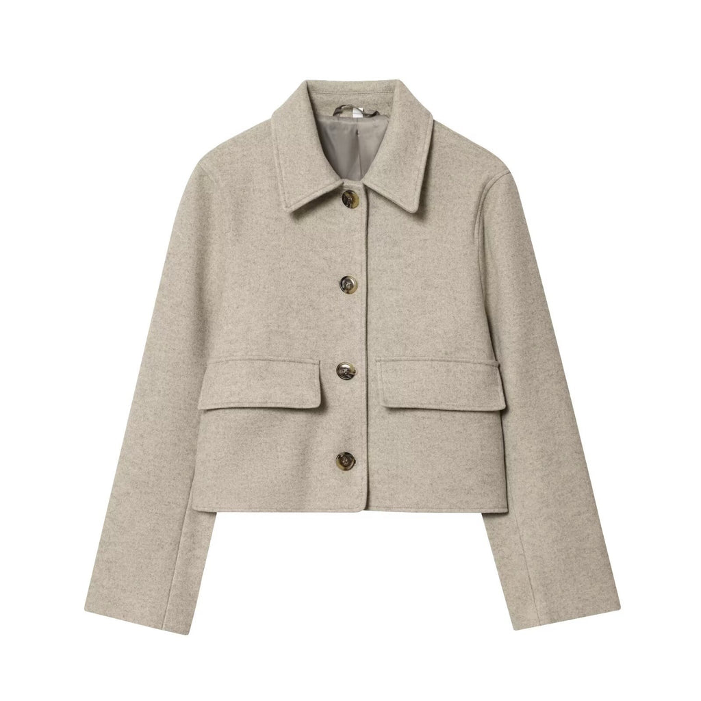 Flip up single breasted lapel long sleeved woolen coat for women