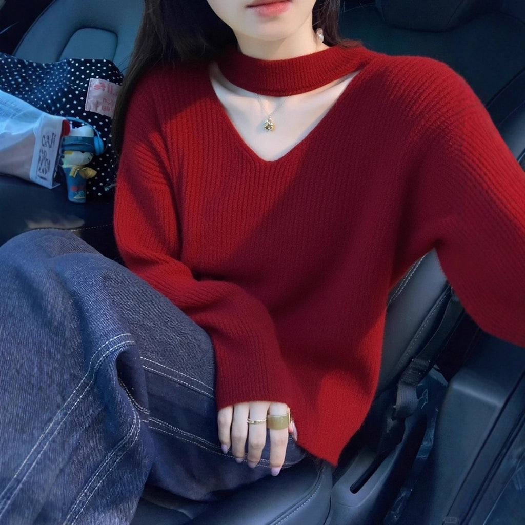 Relaxed Fit Long Sleeve Halter V-Neck Women's Raccoon Plush Sweater