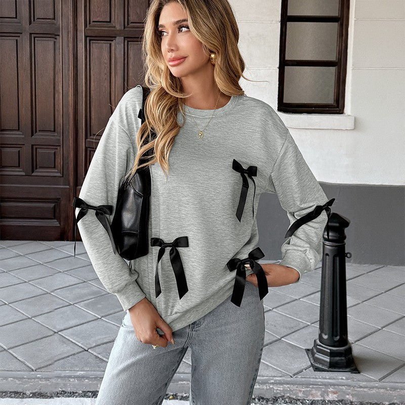 Women's Casual Round Neck Bow Detail Pullover Sweatshirt