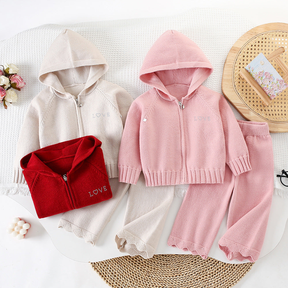 Chic Hooded Zipper Knit Cardigan Sweater Set for Girls