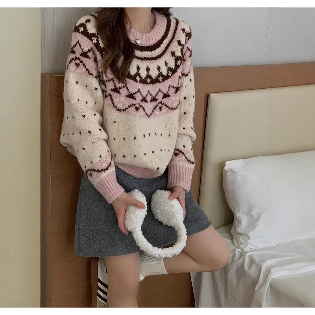 Vintage Fair Isle Jacquard Long Sleeve Loose Crew Neck Knit Sweater