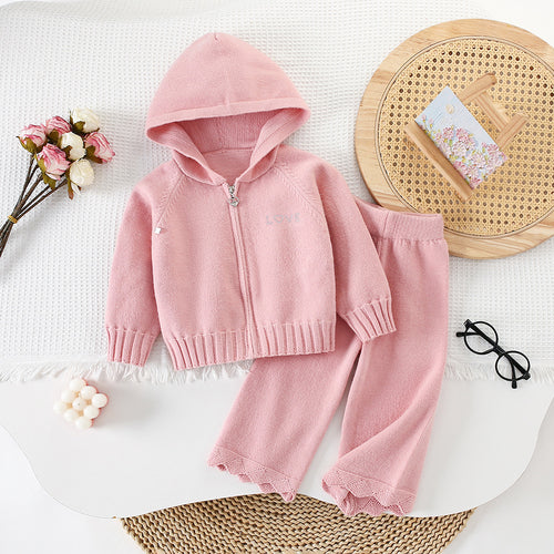 Chic Hooded Zipper Knit Cardigan Sweater Set for Girls