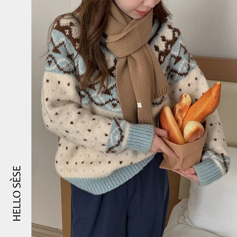Vintage Fair Isle Jacquard Long Sleeve Loose Crew Neck Knit Sweater