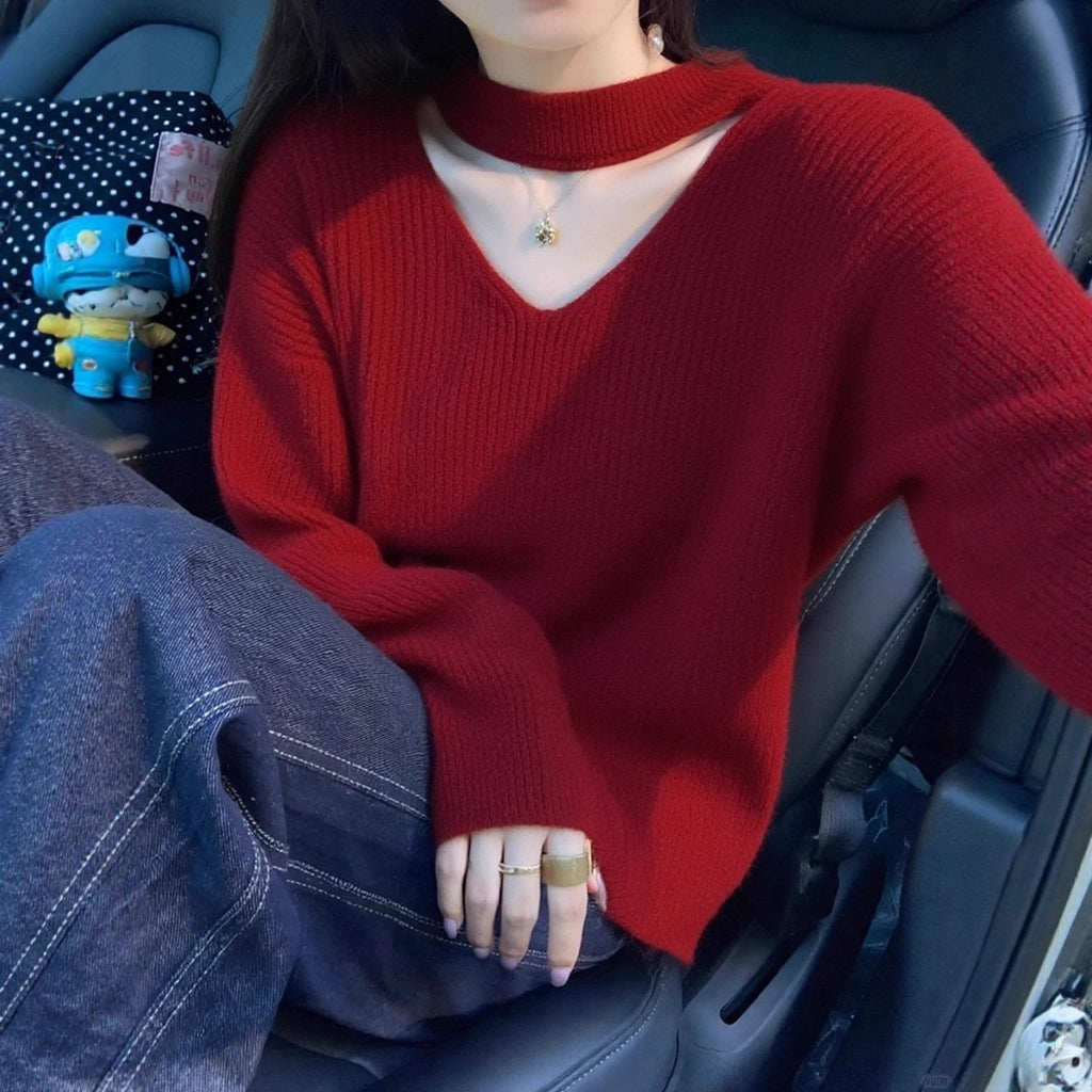 Relaxed Fit Long Sleeve Halter V-Neck Women's Raccoon Plush Sweater