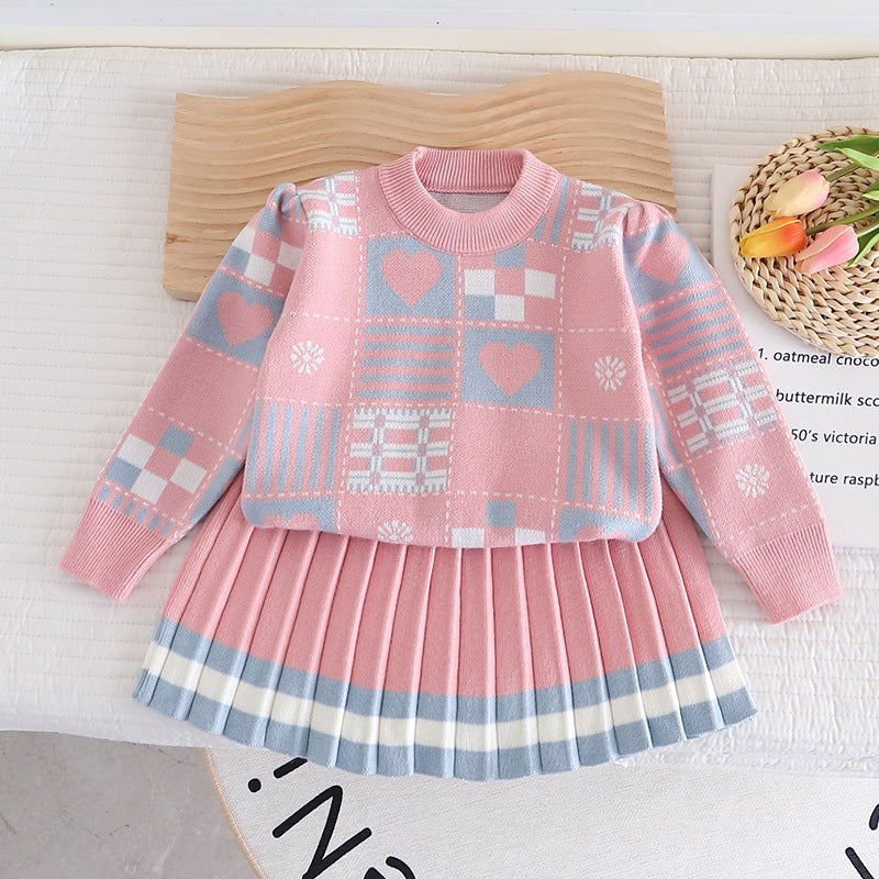 Girls Geometric Print Knit Sweater Dress Two-Piece Set