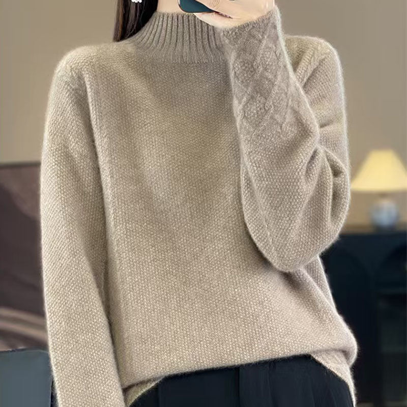 Vintage Jacquard Long Sleeve Mock Neck Women's Thickened Loose Knit Top
