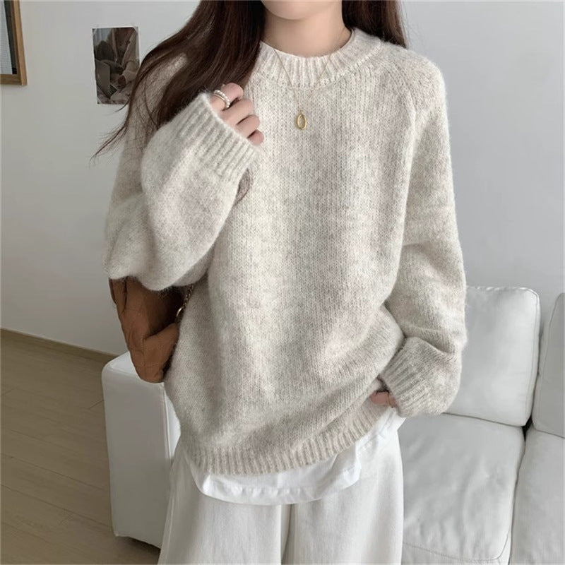 Relaxed Style Round Neck Pullover Knit Sweater For Women