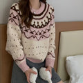 Vintage Fair Isle Jacquard Long Sleeve Loose Crew Neck Knit Sweater