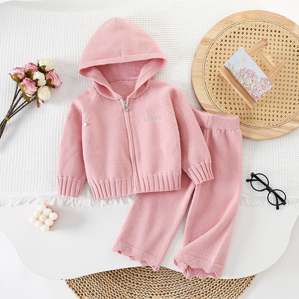 Chic Hooded Zipper Knit Cardigan Sweater Set for Girls