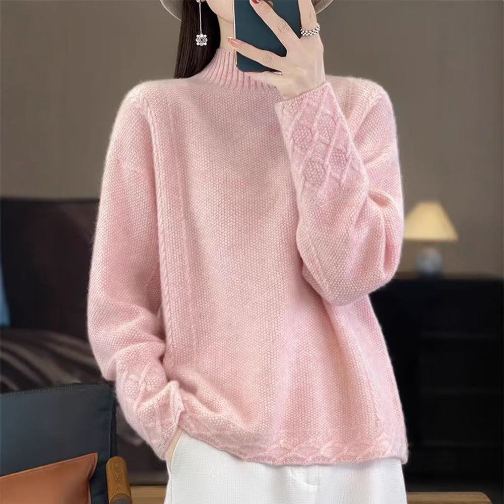 Vintage Jacquard Long Sleeve Mock Neck Women's Thickened Loose Knit Top
