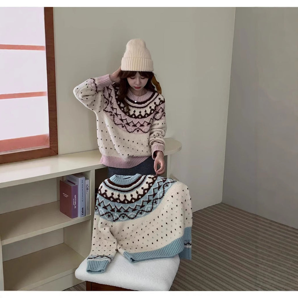 Vintage Fair Isle Jacquard Long Sleeve Loose Crew Neck Knit Sweater