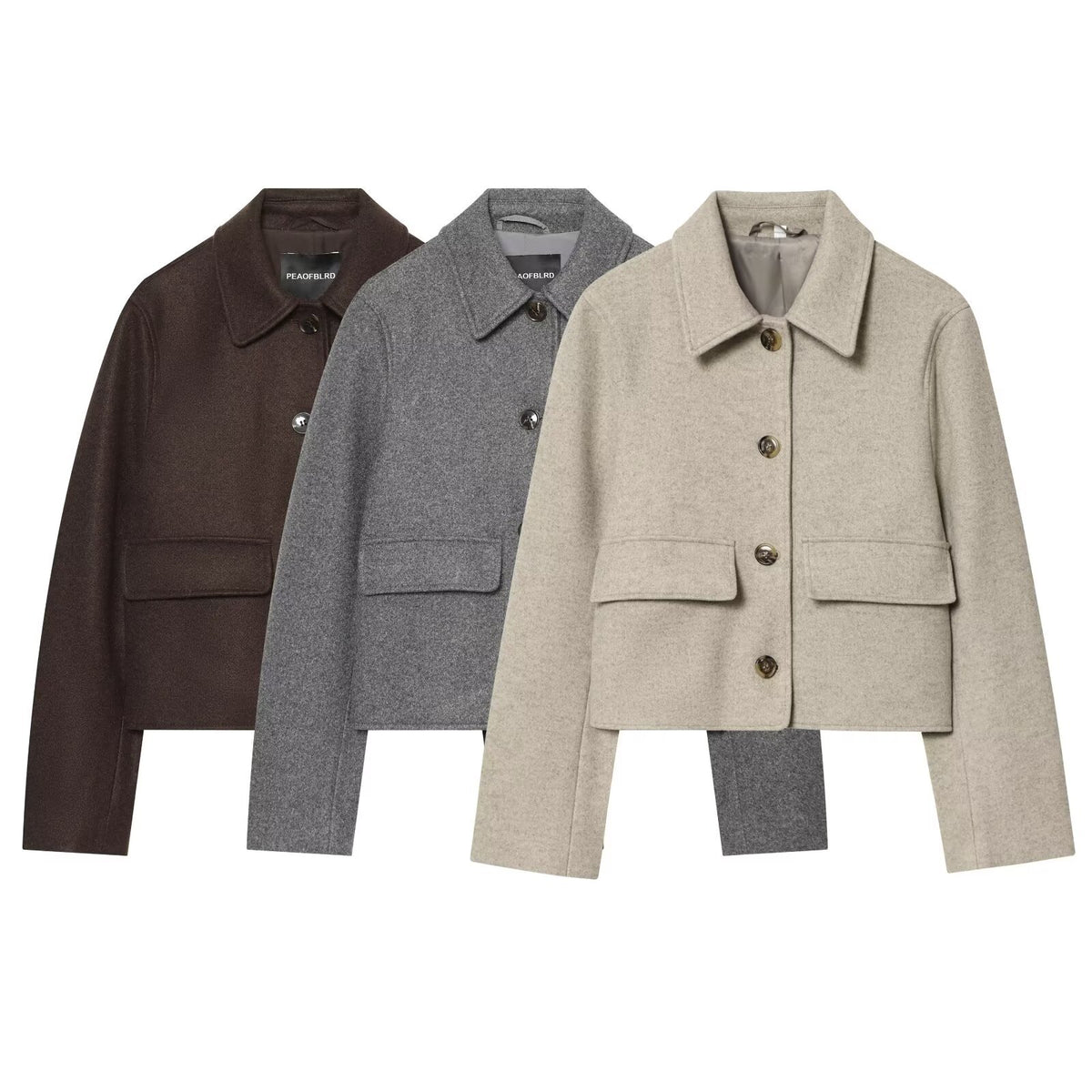Flip up single breasted lapel long sleeved woolen coat for women