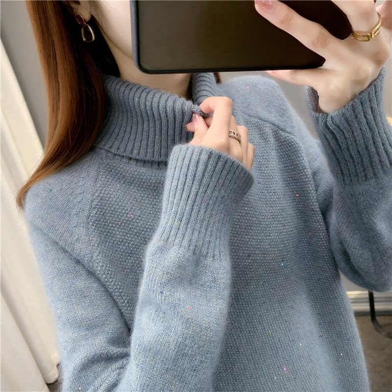 Women's Colorful Sequin Knit Sweater Loose Fit Lapel Collar Pullover