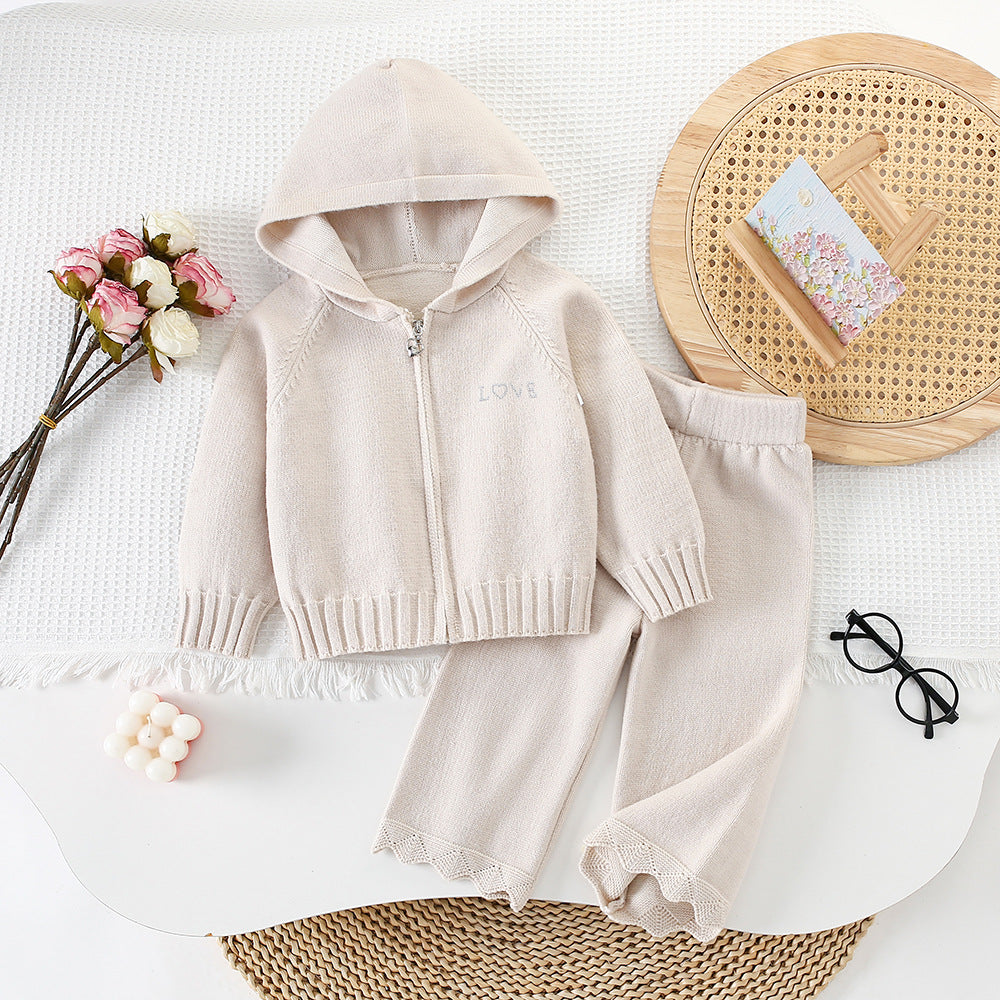 Chic Hooded Zipper Knit Cardigan Sweater Set for Girls