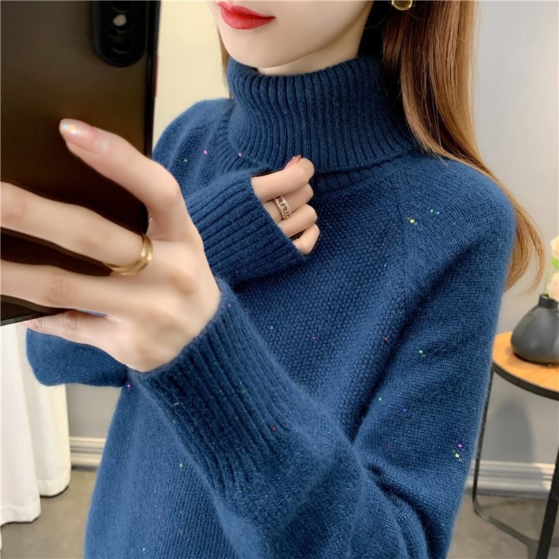 Women's Colorful Sequin Knit Sweater Loose Fit Lapel Collar Pullover