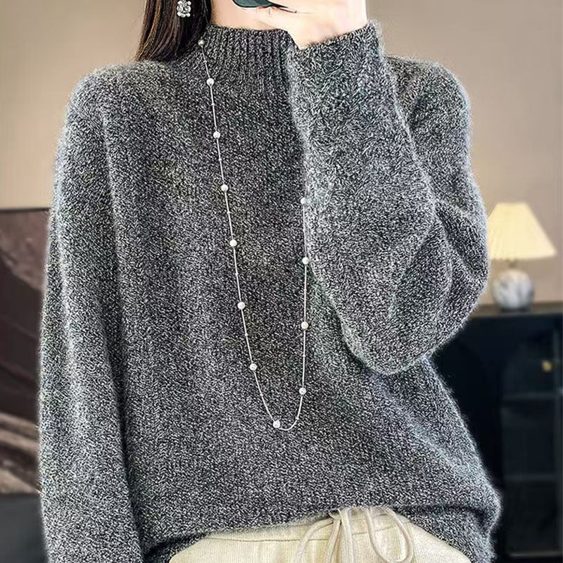 Vintage Jacquard Long Sleeve Mock Neck Women's Thickened Loose Knit Top