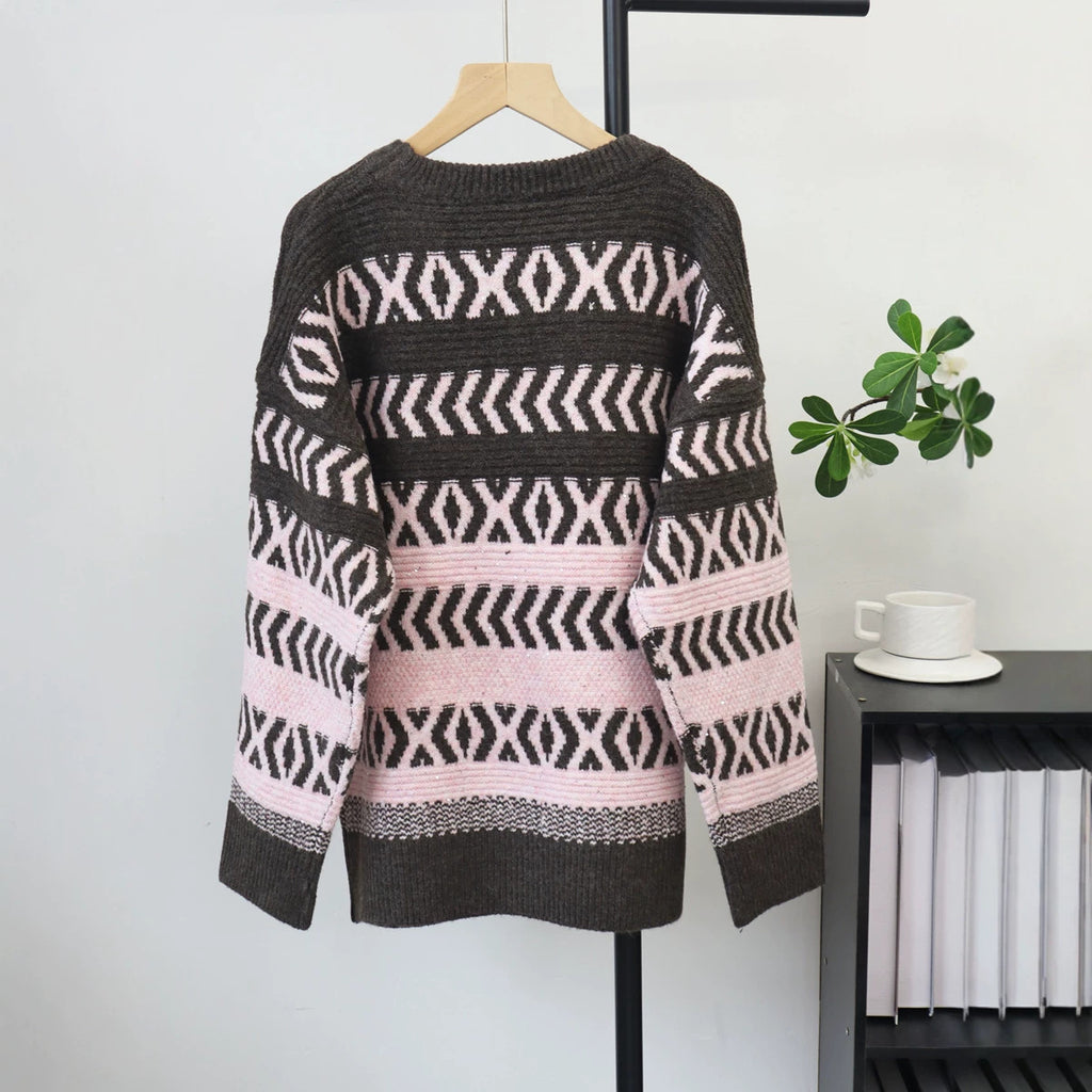 Round neck sequined loose sweater for women