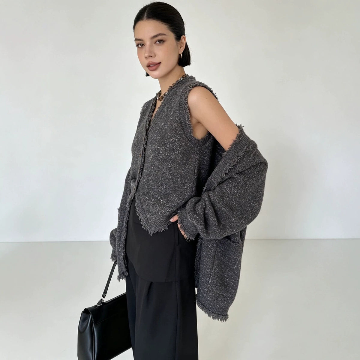 Two piece set of tassel fringed vest cardigan