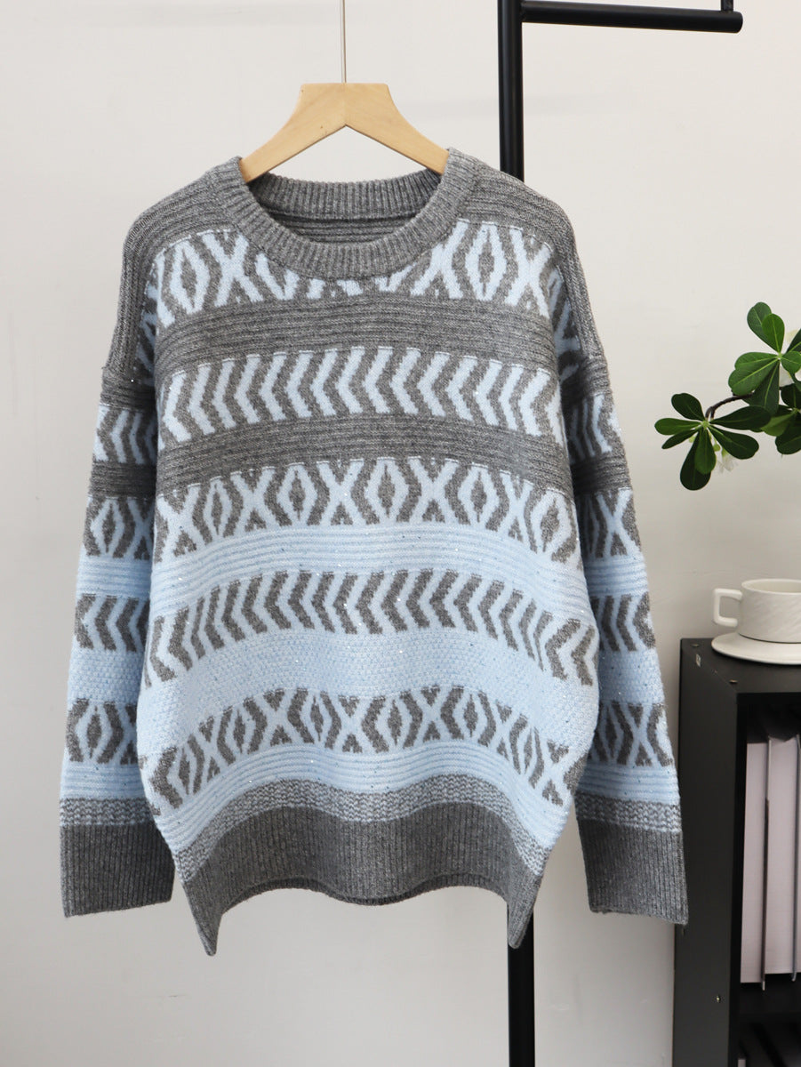 Round neck sequined loose sweater for women