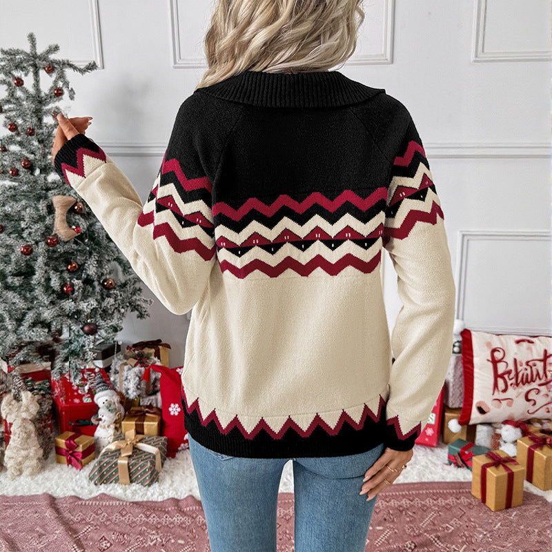 Women's Christmas Long Sleeve Pullover Knit Sweater with Line Pattern