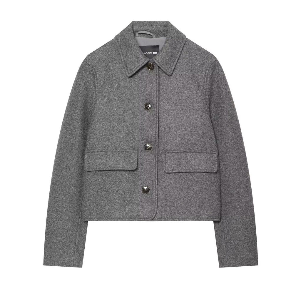 Flip up single breasted lapel long sleeved woolen coat for women
