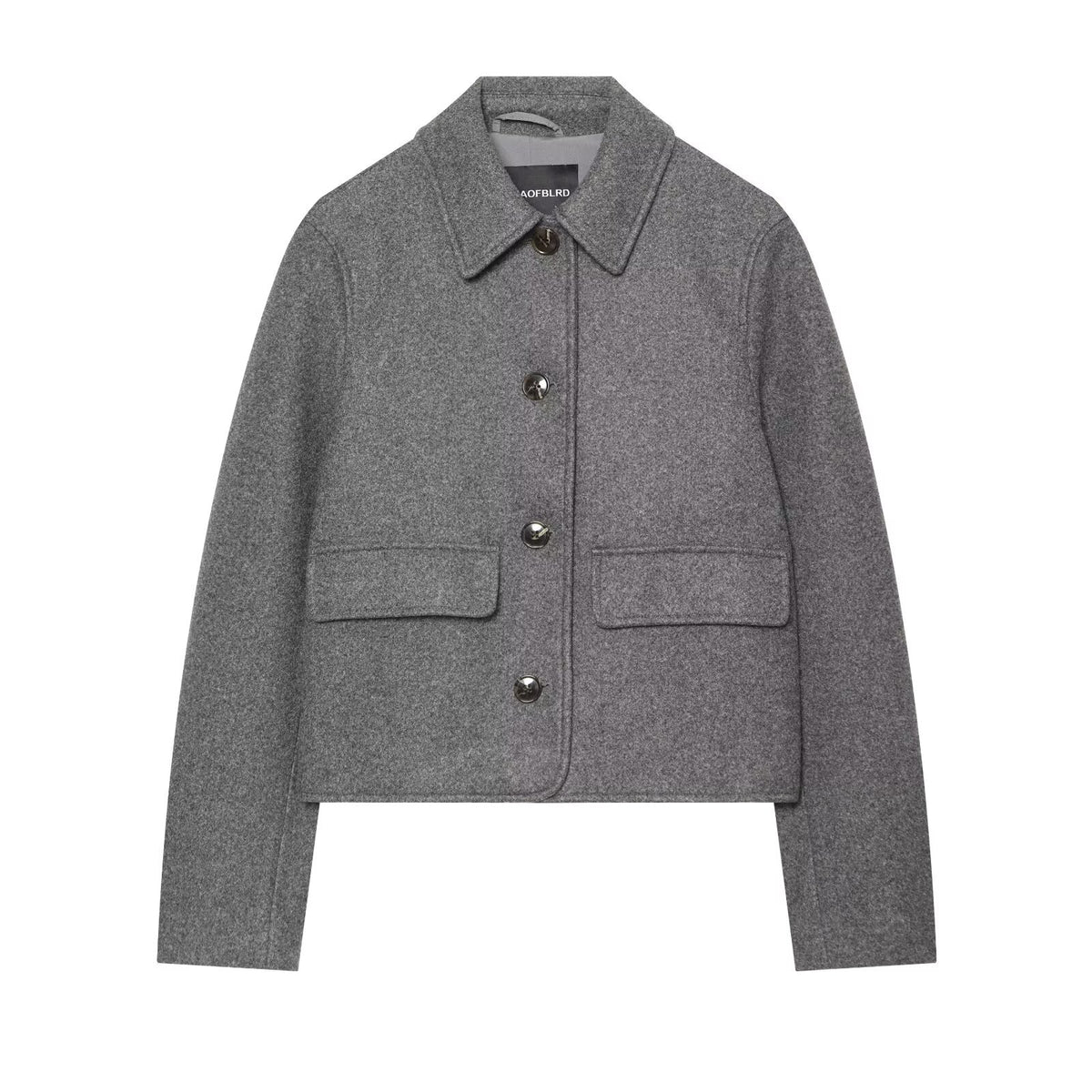 Flip up single breasted lapel long sleeved woolen coat for women