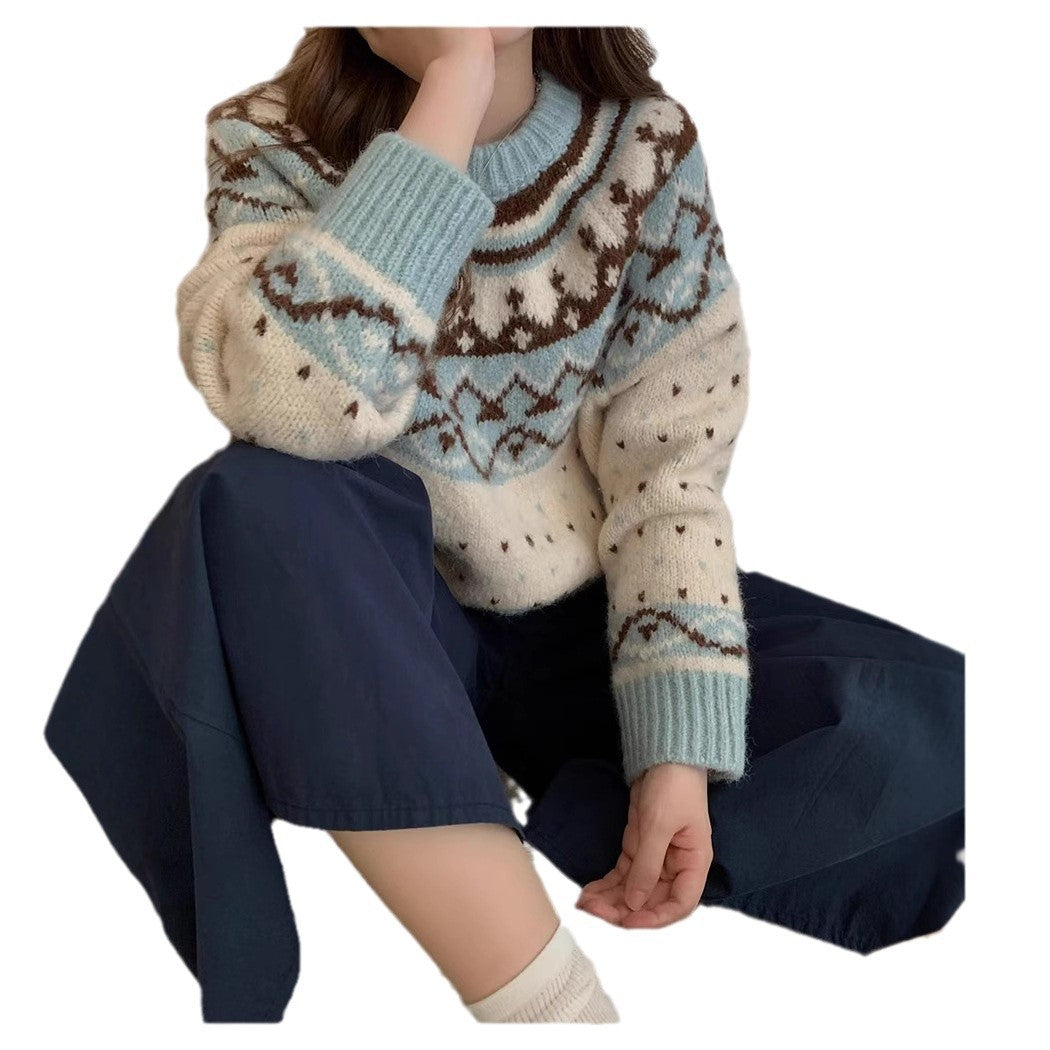 Vintage Fair Isle Jacquard Long Sleeve Loose Crew Neck Knit Sweater
