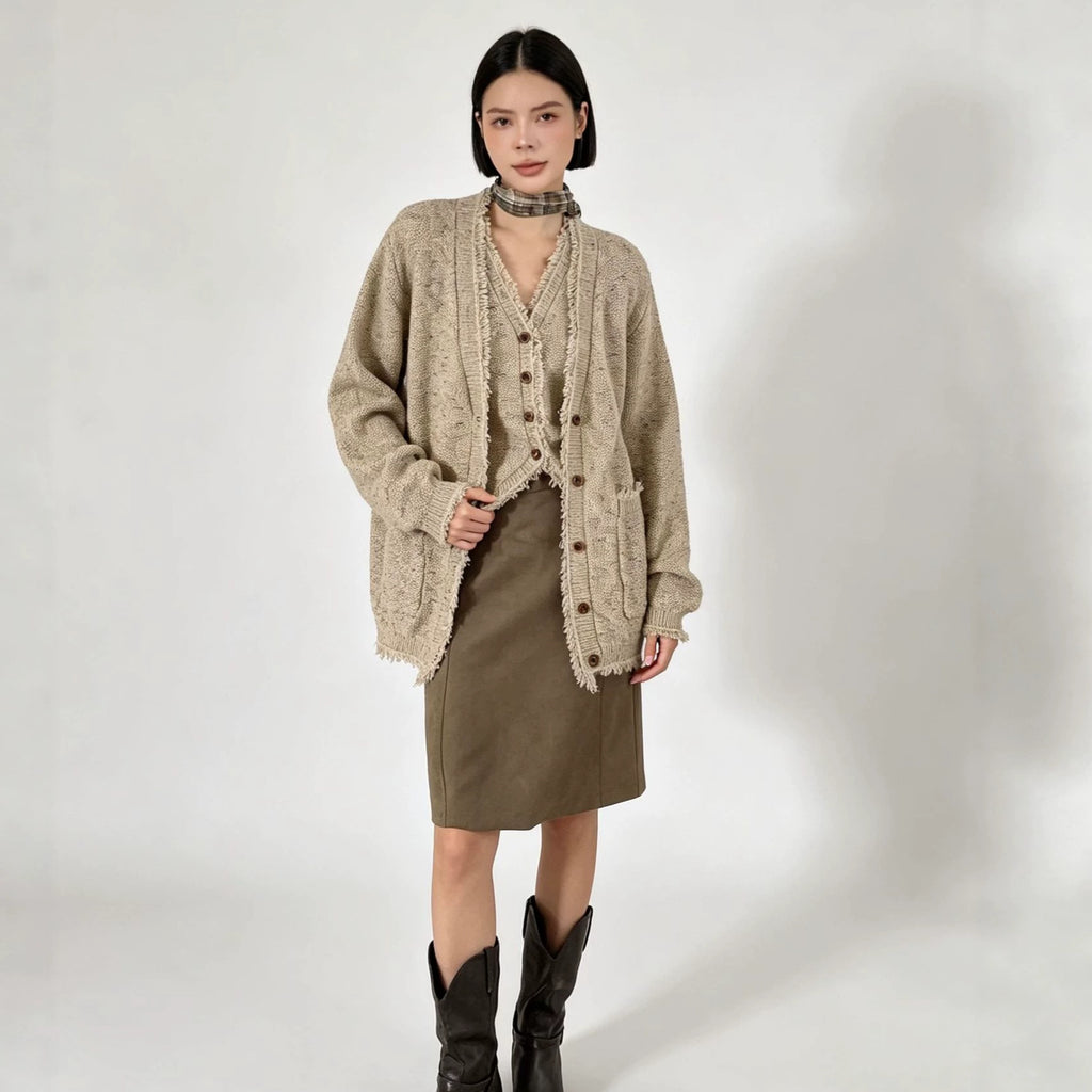 Two piece set of tassel fringed vest cardigan