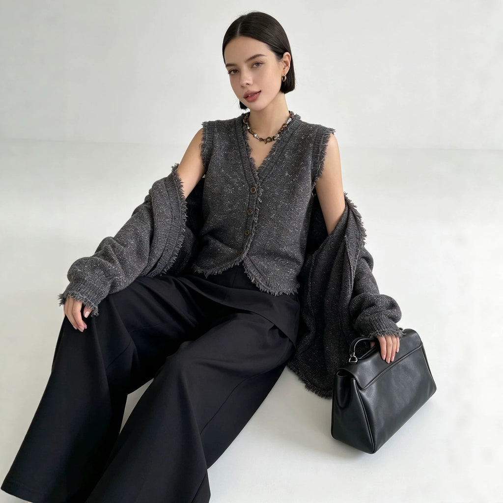 Two piece set of tassel fringed vest cardigan