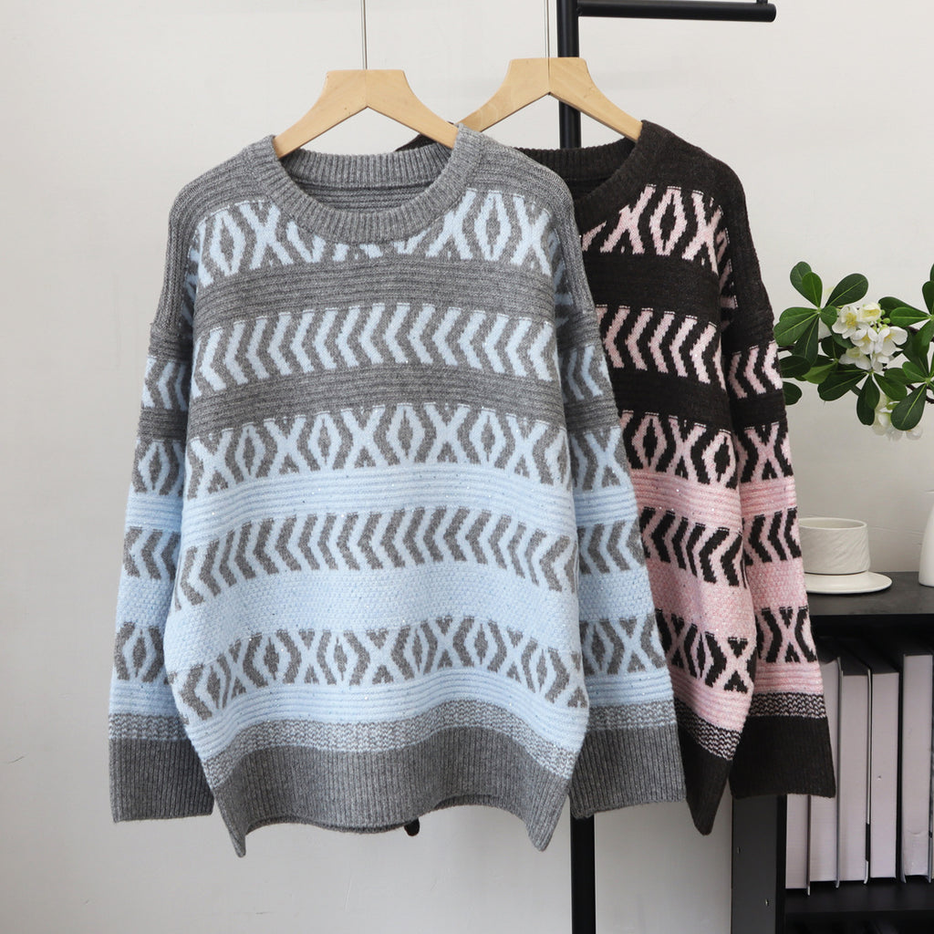Round neck sequined loose sweater for women