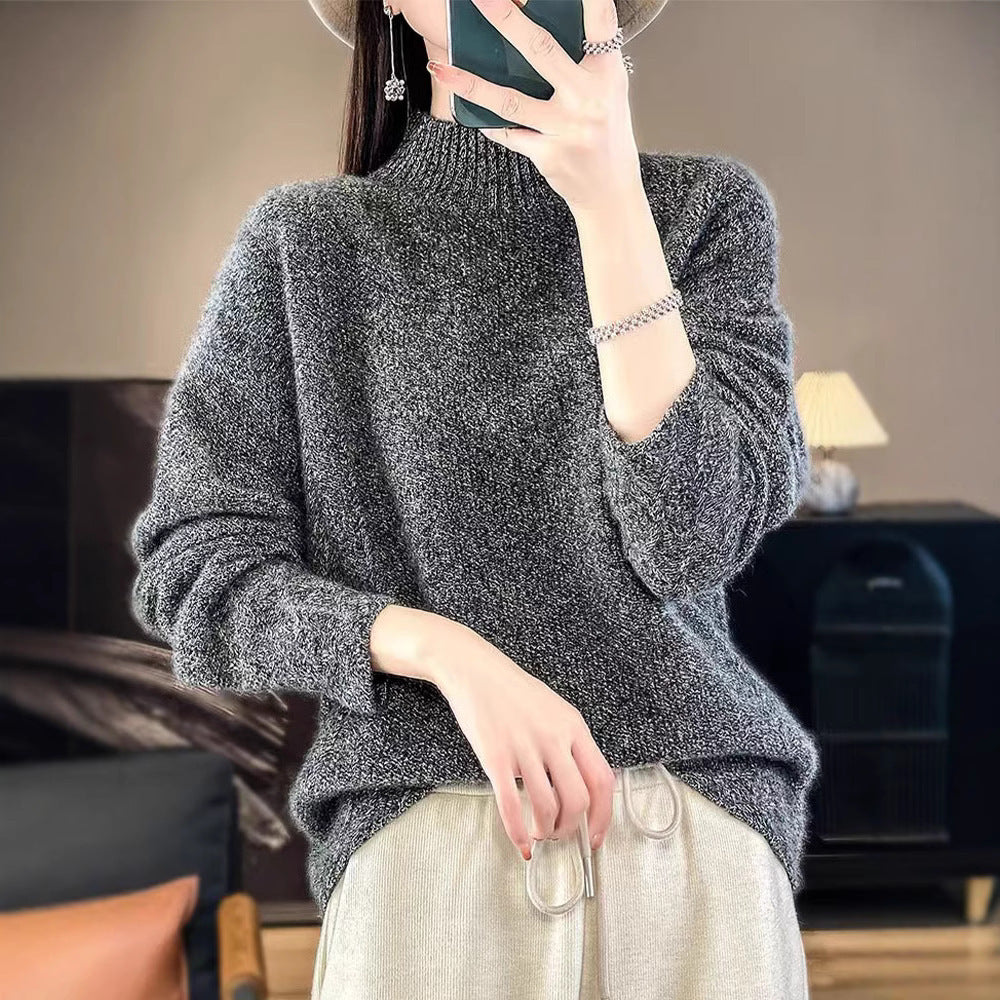 Vintage Jacquard Long Sleeve Mock Neck Women's Thickened Loose Knit Top