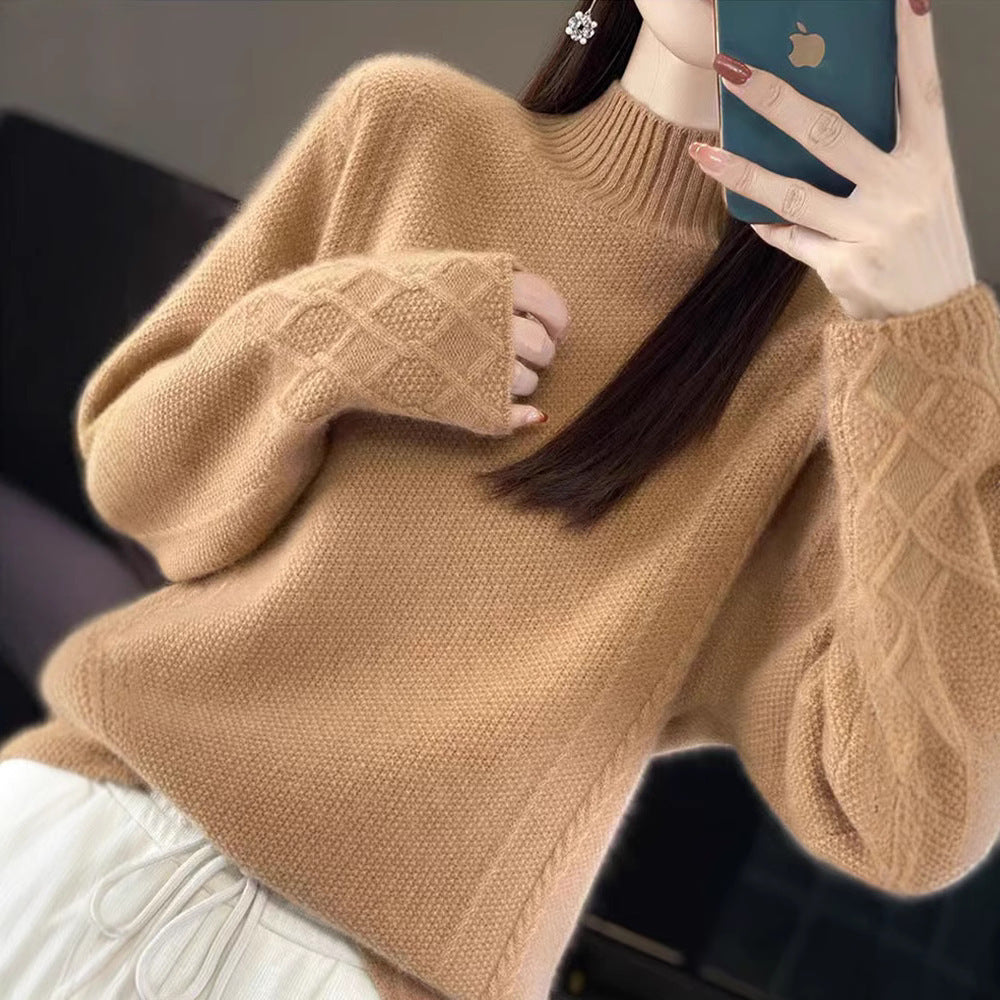 Vintage Jacquard Long Sleeve Mock Neck Women's Thickened Loose Knit Top