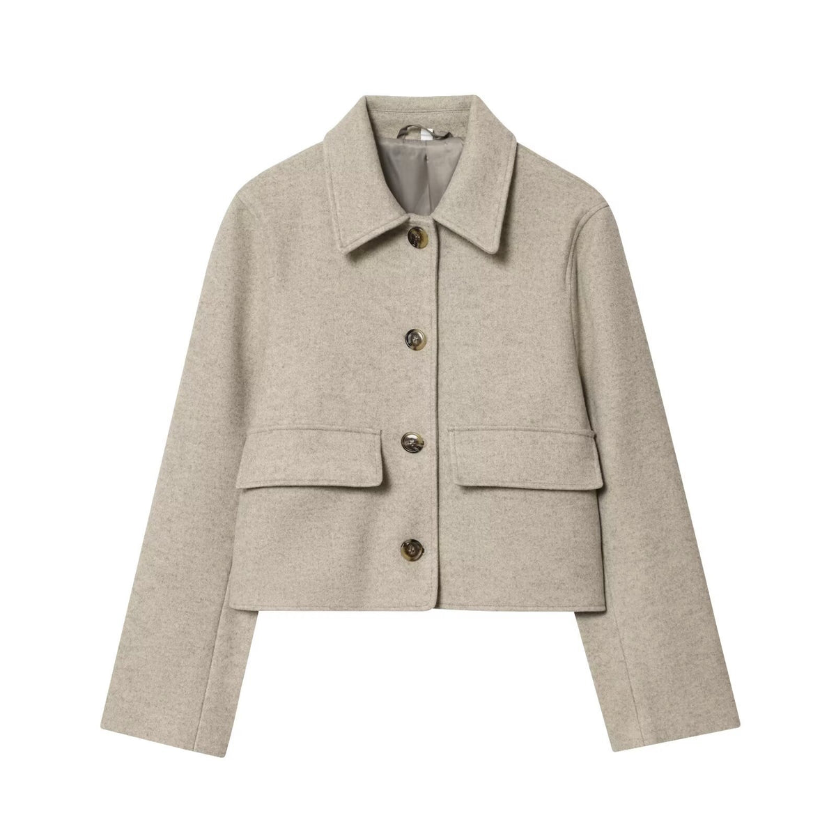 Flip up single breasted lapel long sleeved woolen coat for women