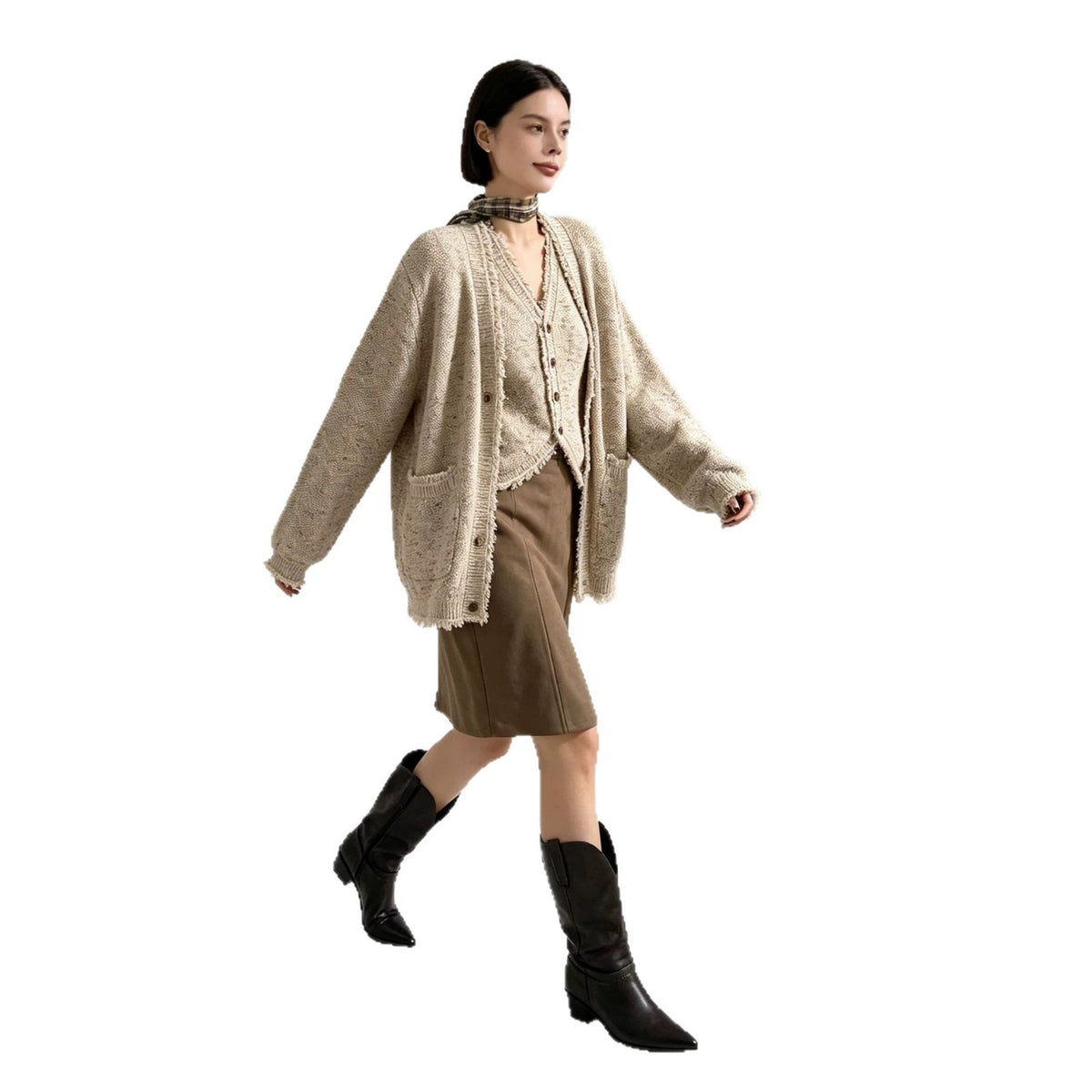 Two piece set of tassel fringed vest cardigan