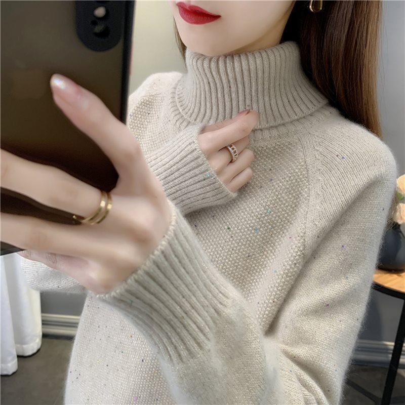 Women's Colorful Sequin Knit Sweater Loose Fit Lapel Collar Pullover