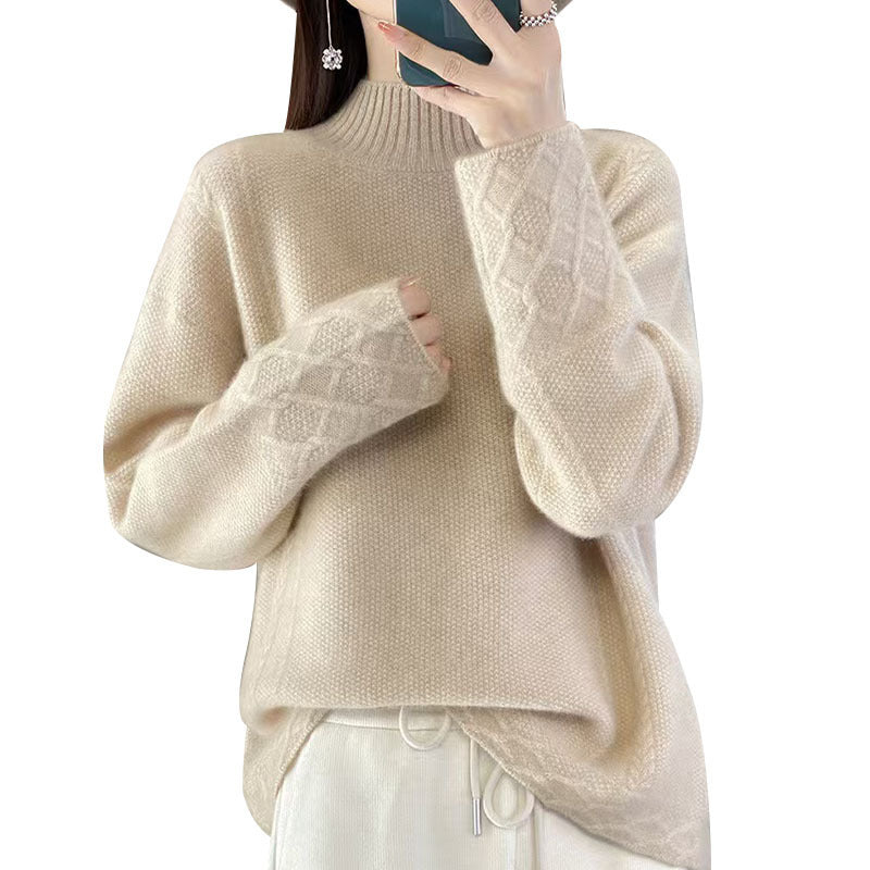 Vintage Jacquard Long Sleeve Mock Neck Women's Thickened Loose Knit Top