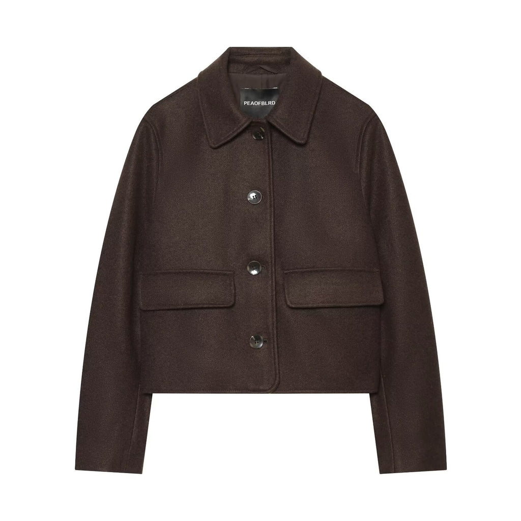 Flip up single breasted lapel long sleeved woolen coat for women