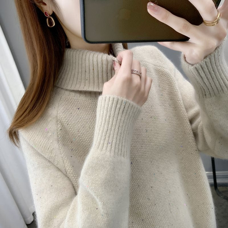 Women's Colorful Sequin Knit Sweater Loose Fit Lapel Collar Pullover