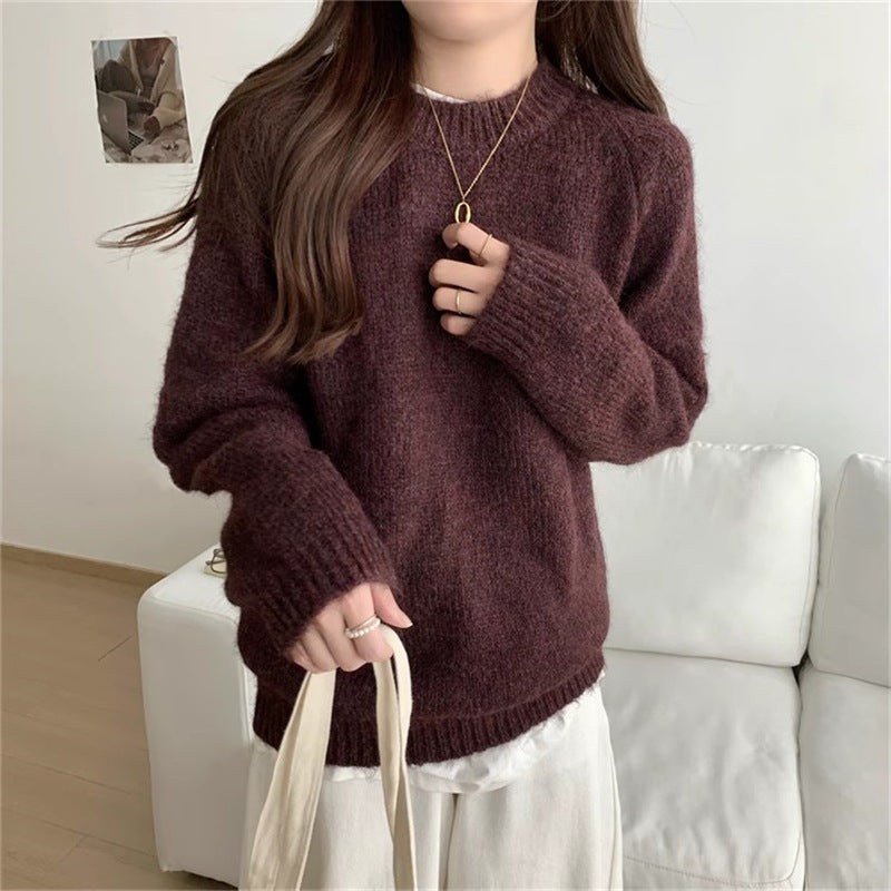 Relaxed Style Round Neck Pullover Knit Sweater For Women