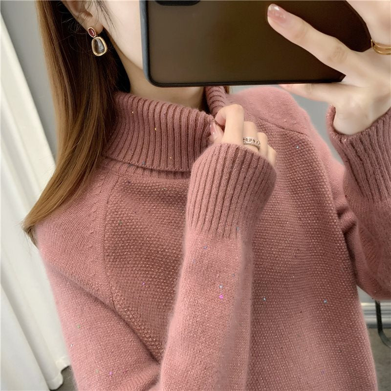 Women's Colorful Sequin Knit Sweater Loose Fit Lapel Collar Pullover