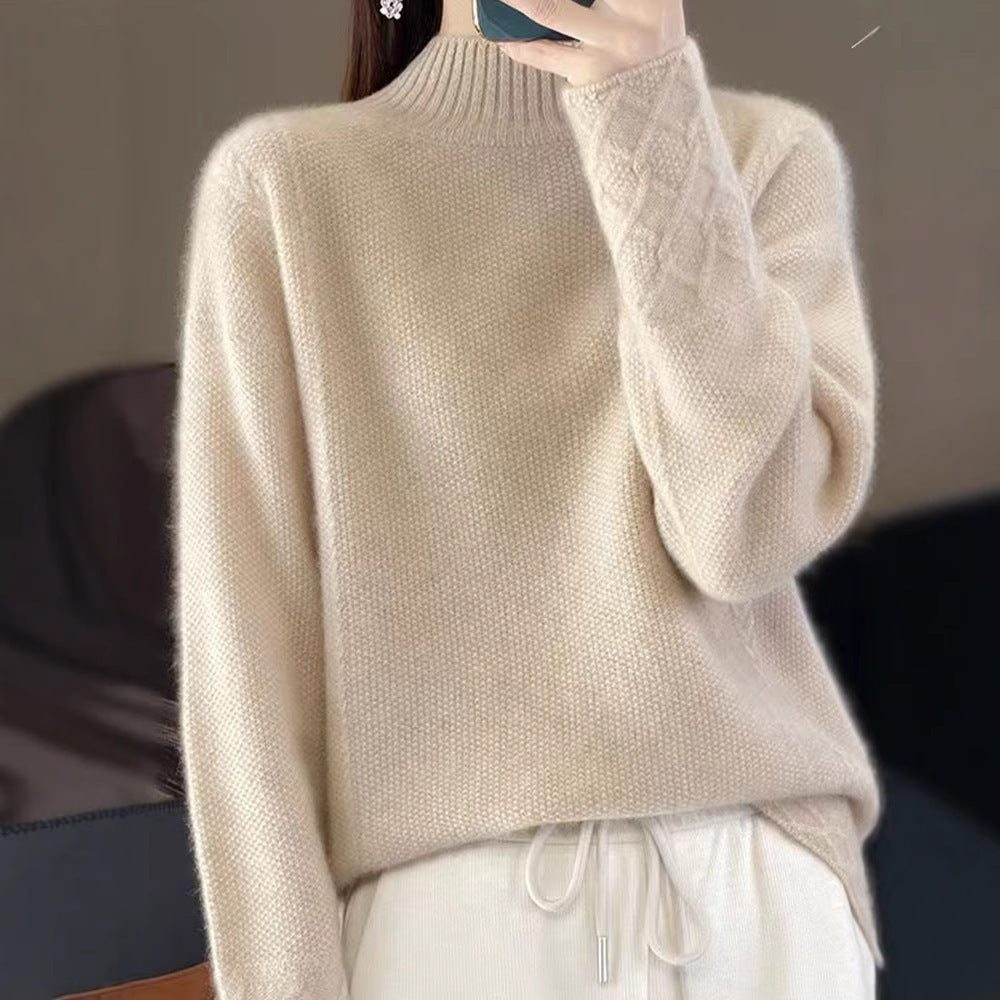 Vintage Jacquard Long Sleeve Mock Neck Women's Thickened Loose Knit Top
