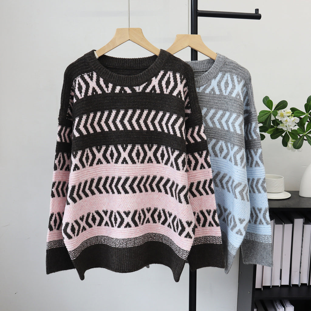 Round neck sequined loose sweater for women