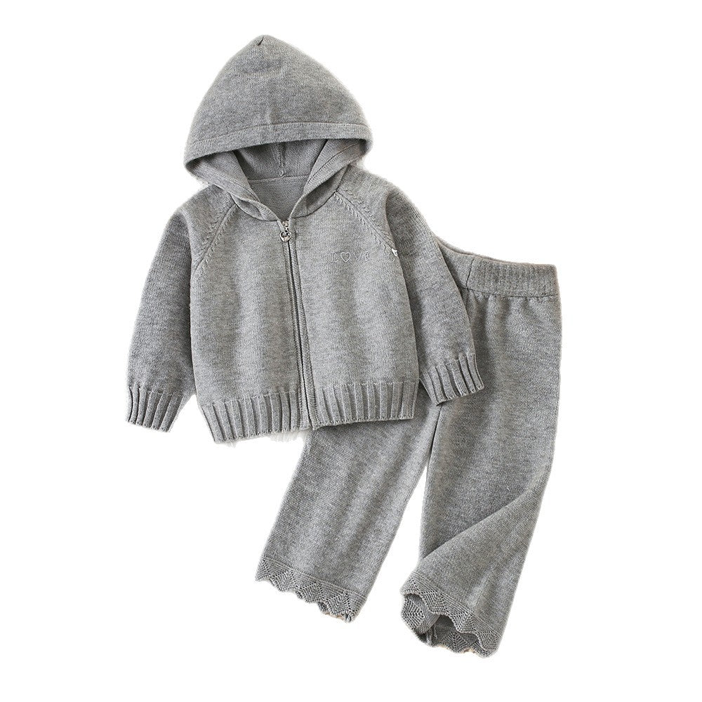 Chic Hooded Zipper Knit Cardigan Sweater Set for Girls