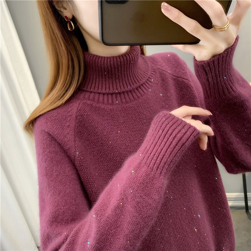 Women's Colorful Sequin Knit Sweater Loose Fit Lapel Collar Pullover