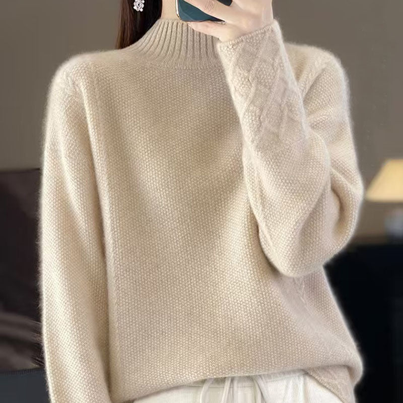 Vintage Jacquard Long Sleeve Mock Neck Women's Thickened Loose Knit Top