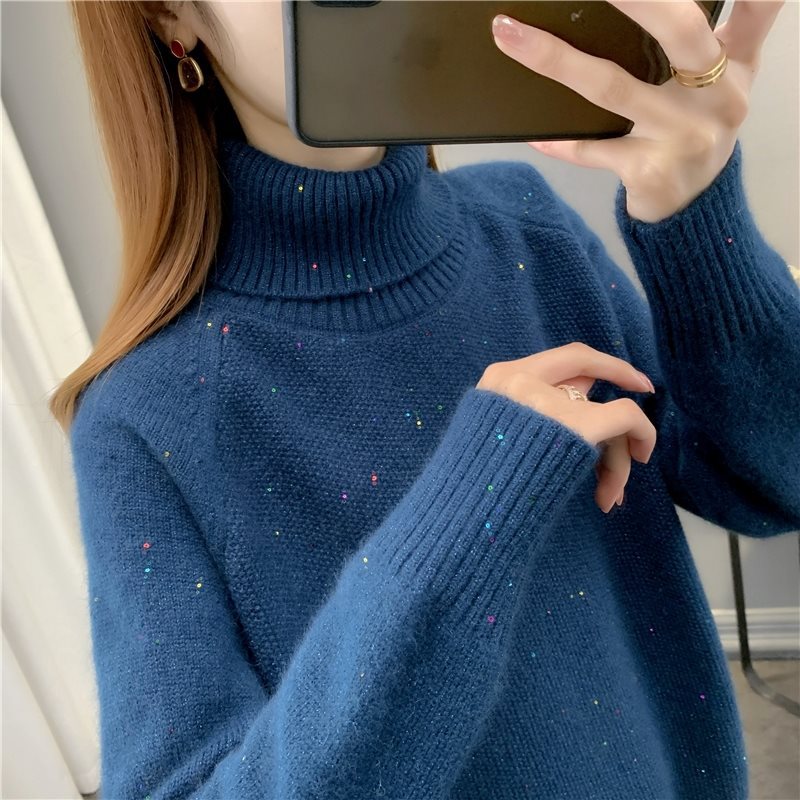 Women's Colorful Sequin Knit Sweater Loose Fit Lapel Collar Pullover