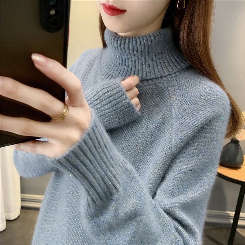 Women's Colorful Sequin Knit Sweater Loose Fit Lapel Collar Pullover