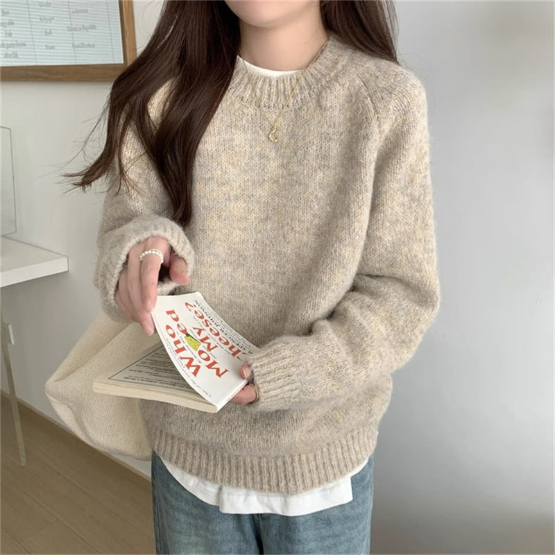 Relaxed Style Round Neck Pullover Knit Sweater For Women