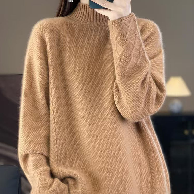 Vintage Jacquard Long Sleeve Mock Neck Women's Thickened Loose Knit Top