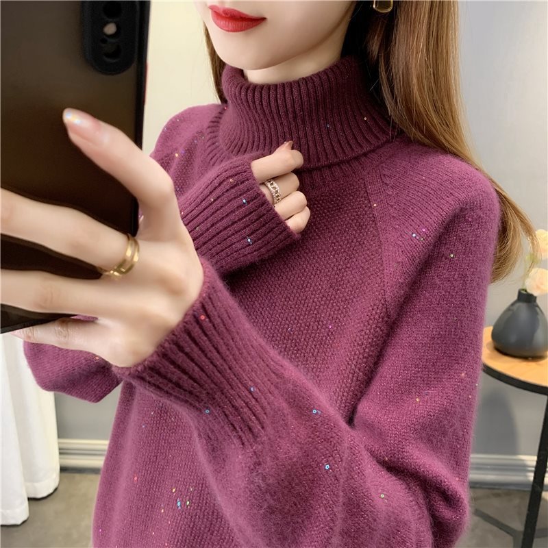 Women's Colorful Sequin Knit Sweater Loose Fit Lapel Collar Pullover